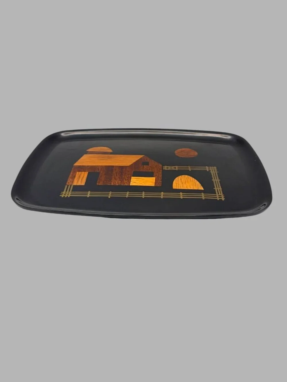 Vintage Couroc of Monterey Black Tray Wood Inlay Abstract House MCM 12.75 Inches